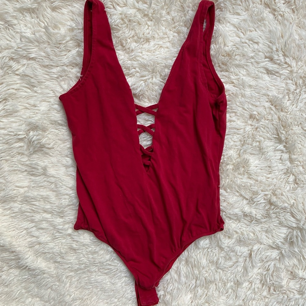 Red V-Neck Bodysuit